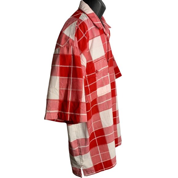 Vintage 90s Button Up Checkered Shirt XL Red Pockets Textured Short Sleeves - Picture 5 of 6
